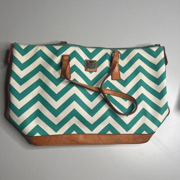 Dooney & Bourke Chevron Tote Bag – Teal & White Canvas with Leather Trim - Picture 1 of 10